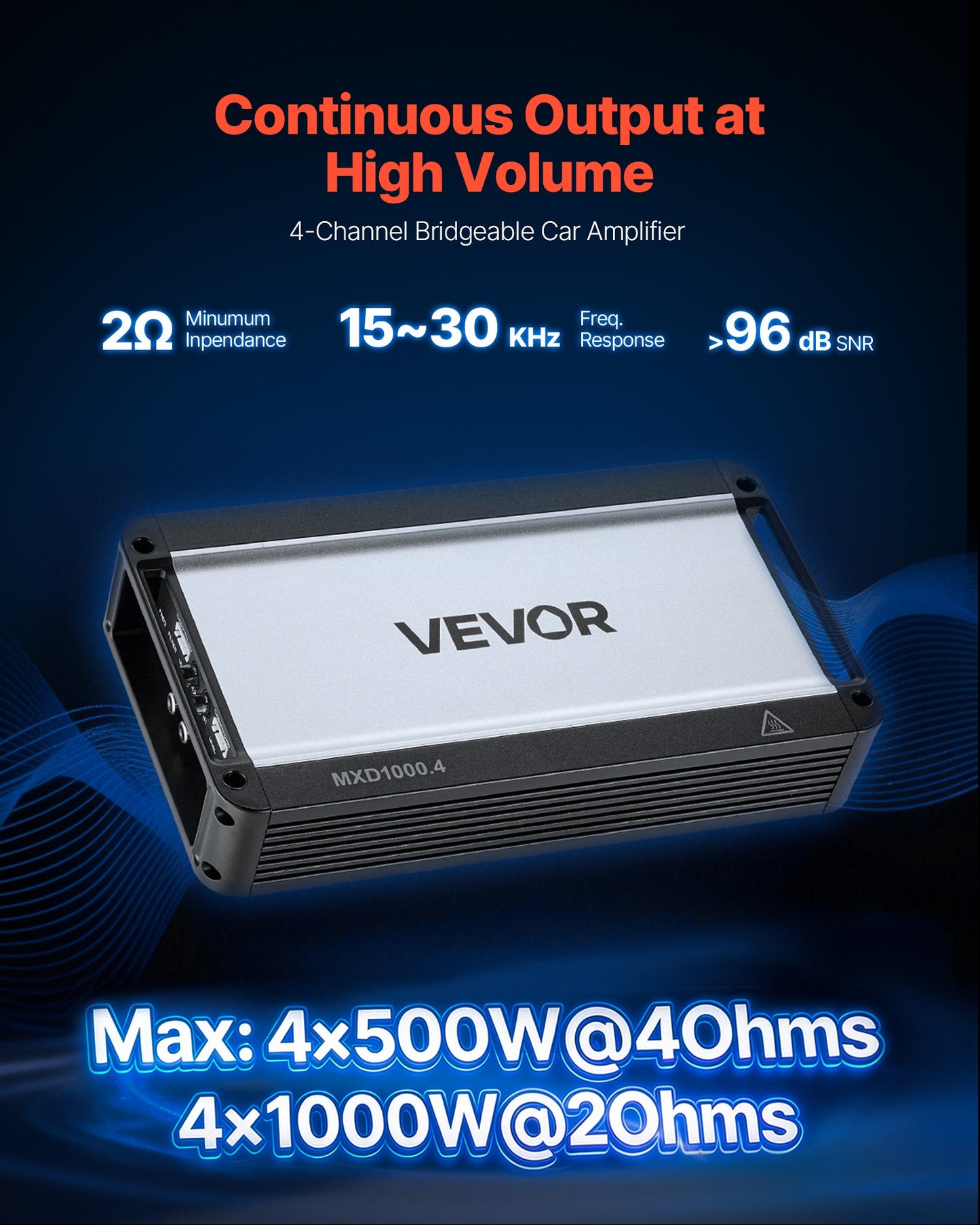 4 Channel Car Audio Amplifier 2 Ohm Stable Bridgeable 500W x 4 Full Range