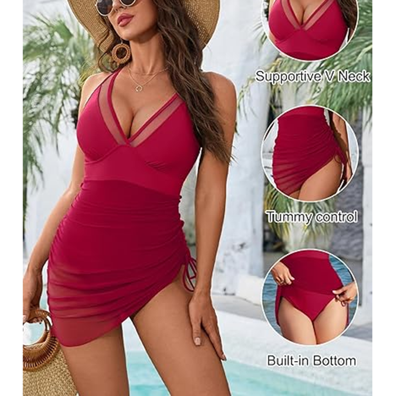 One-Piece Swim Dress with Tummy Control & Mesh Sarong Wrap