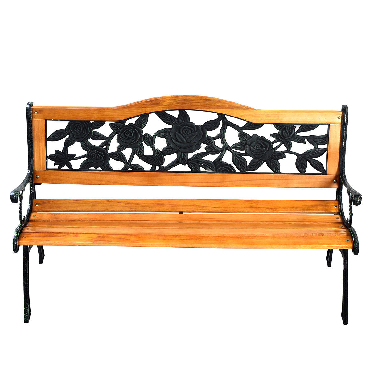 Outdoor Wooden Loveseat Bench with Iron Armrests - 3-Seater