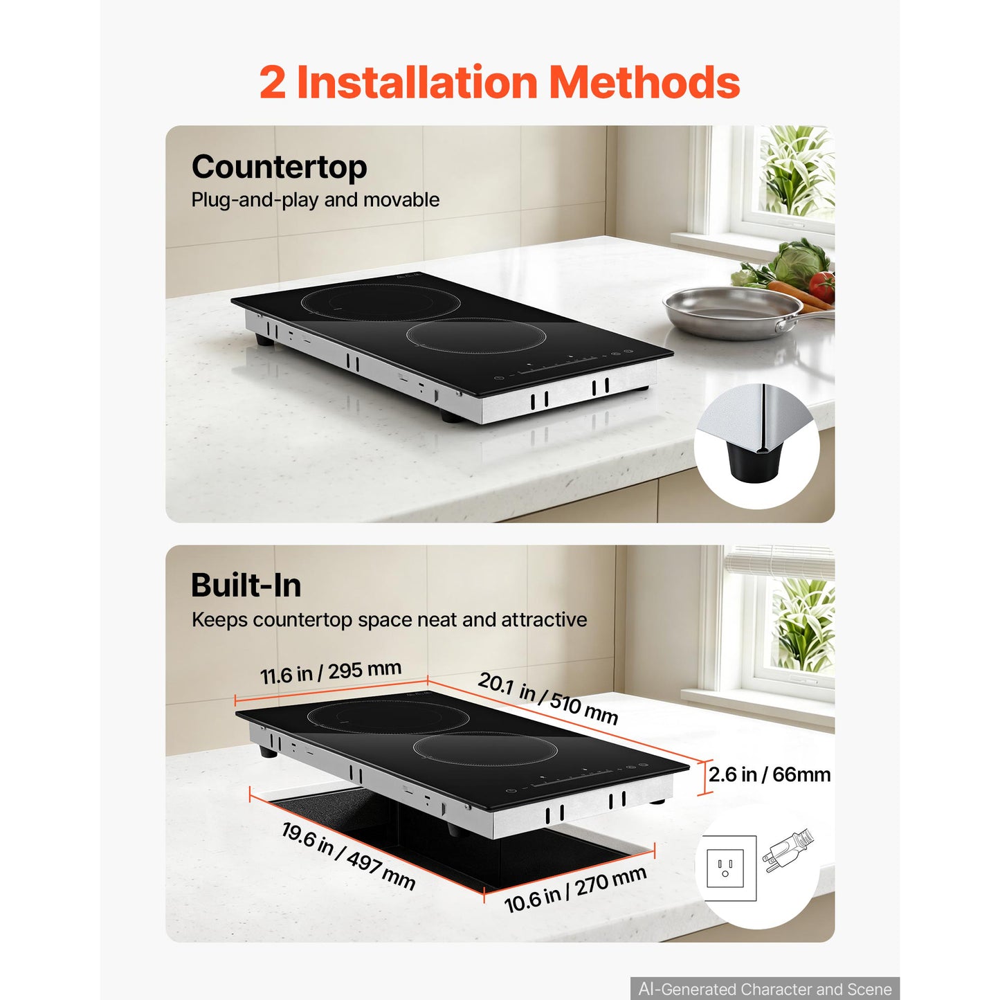 12-Inch Electric Cooktop with 2 Burners, 1800W Portable Stove, Touch Control, Timer & Child Lock