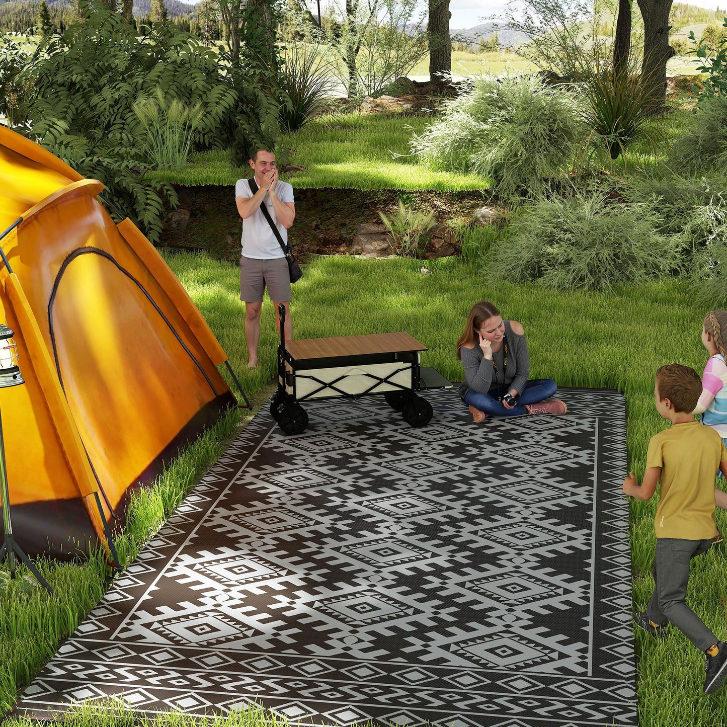 Reversible Waterproof Outdoor Rug - Black & Gray Rhombus, 9x18 ft