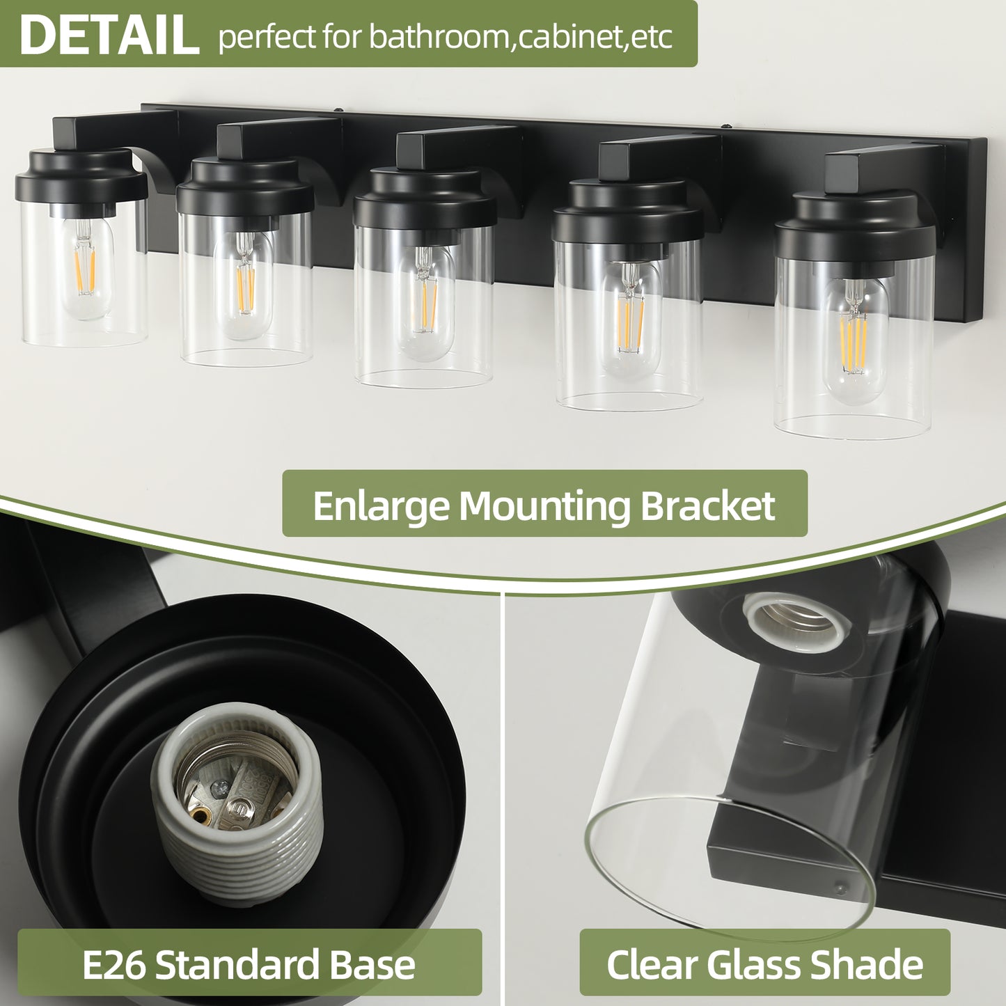 5-Light Bathroom Vanity Light Fixture - Matte Black with Glass Shades