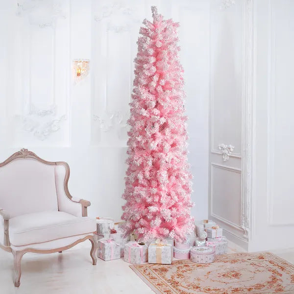 7.5 FT Snow Flocked Artificial Christmas Tree - Pink Pencil Design
