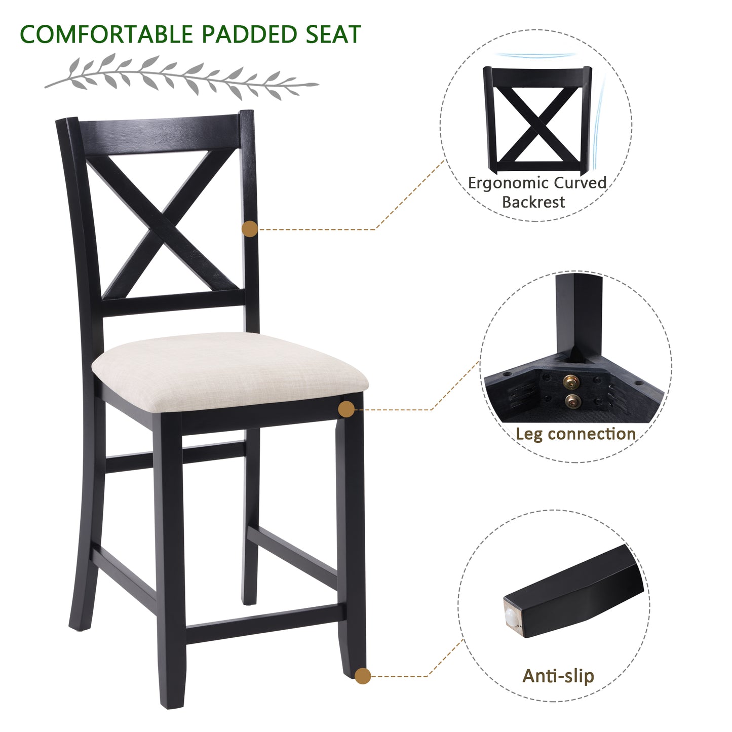 Wooden Counter Height Dining Chairs Set of 4 - Black & Beige