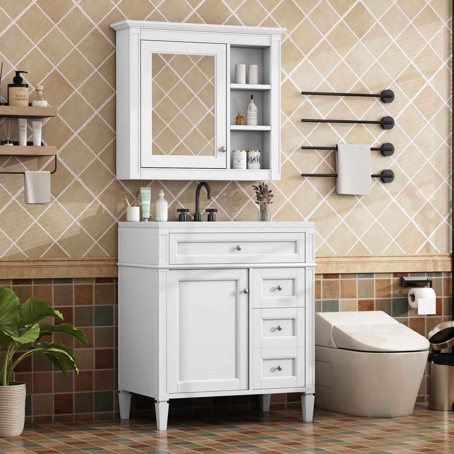 30'' Modern Bathroom Vanity with Sink & Mirror Cabinet - White