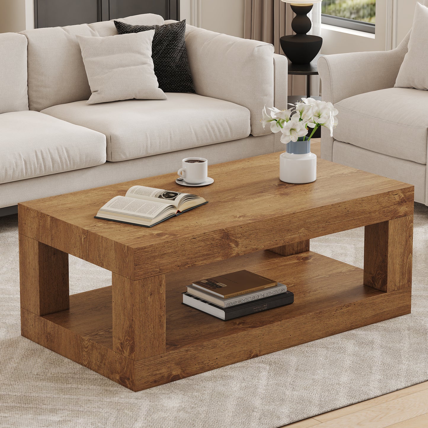 Modern 2-Tier Coffee Table with Open Storage Shelf - Wood