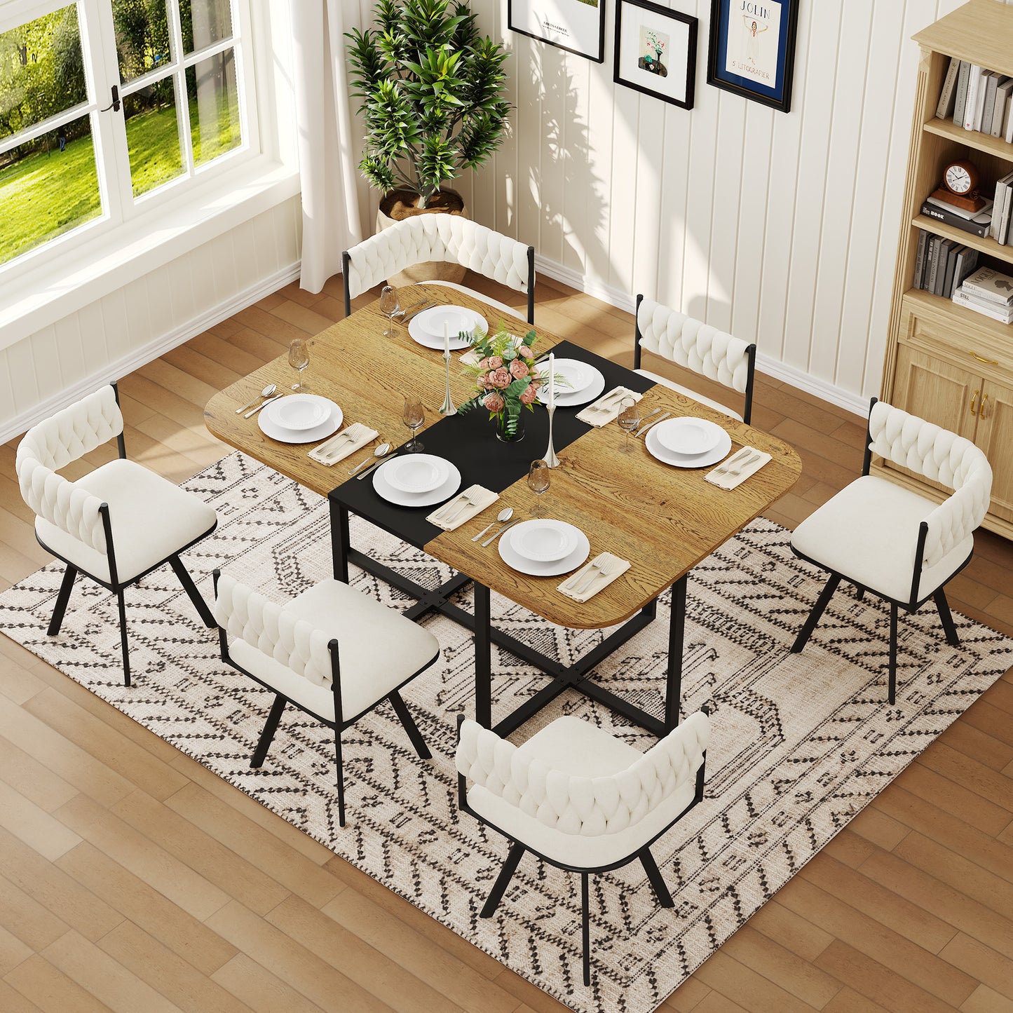 7-Piece Dining Table Set for 6 with Velvet Chairs - Beige