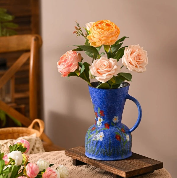 Hand-Painted Indigo Floral Ceramic Vase for Home Decor & Dining Table