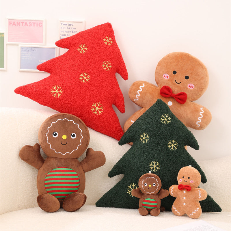 Christmas Gingerbread Man Pillow Set - Holiday Tree Cushion & Decor