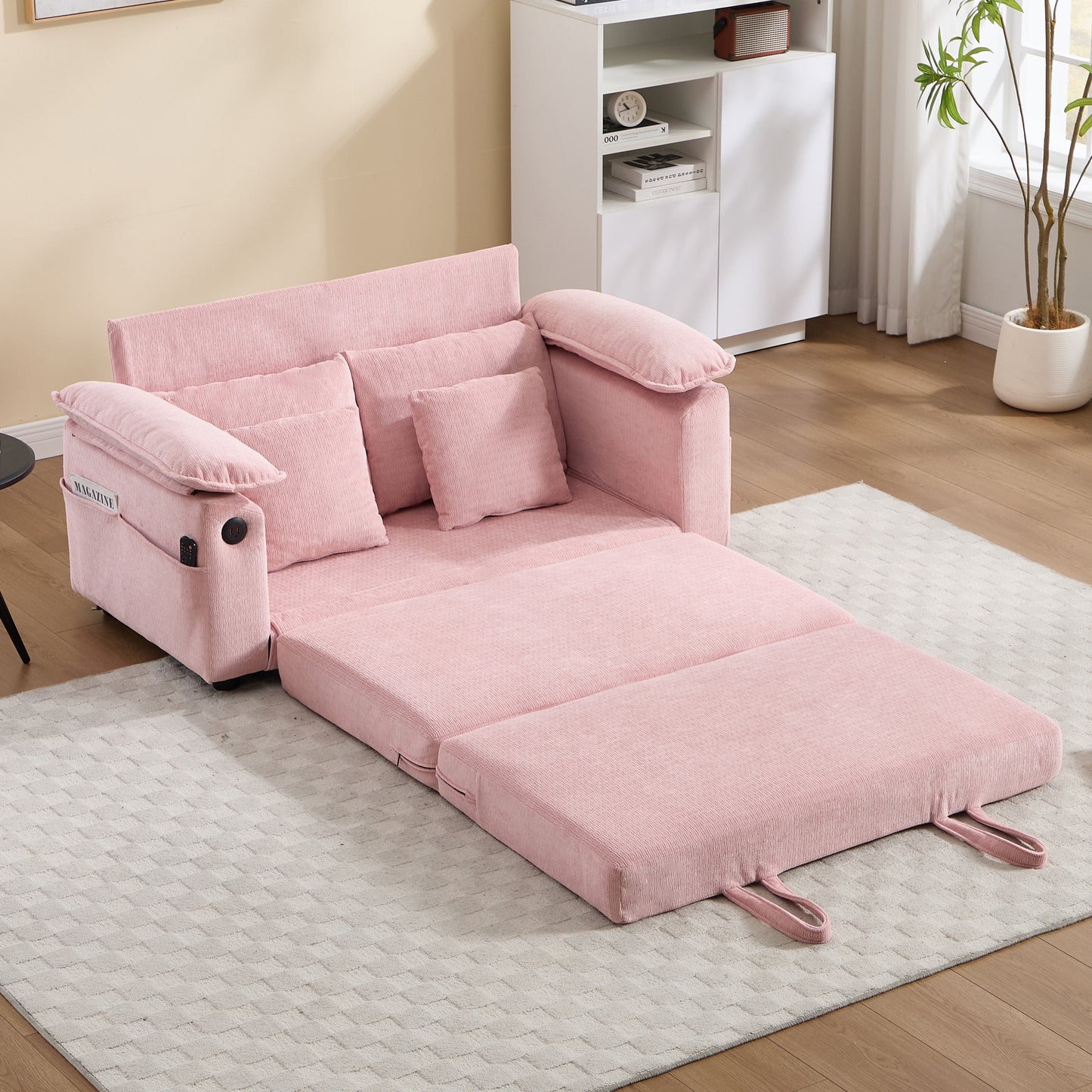 58-Inch Pink Upholstered Futon Sofa Bed with Side Pockets
