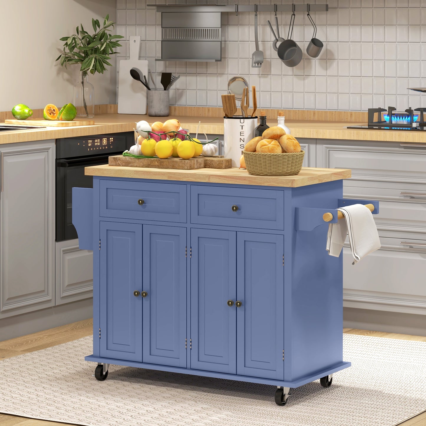 Rolling Kitchen Island on Wheels with Rubberwood Top and Storage - Navy Blue