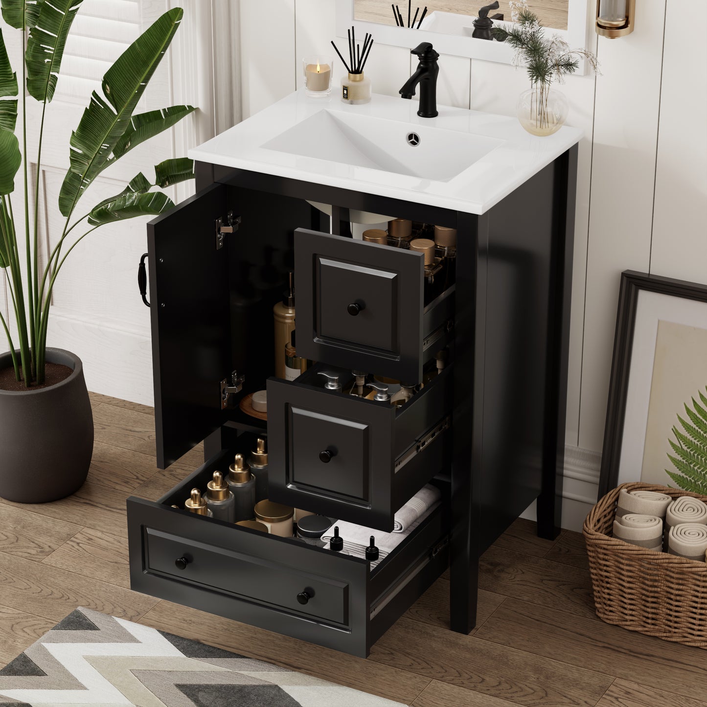 24 Inch Bathroom Vanity with Sink & Soft-Closing Drawers - Black