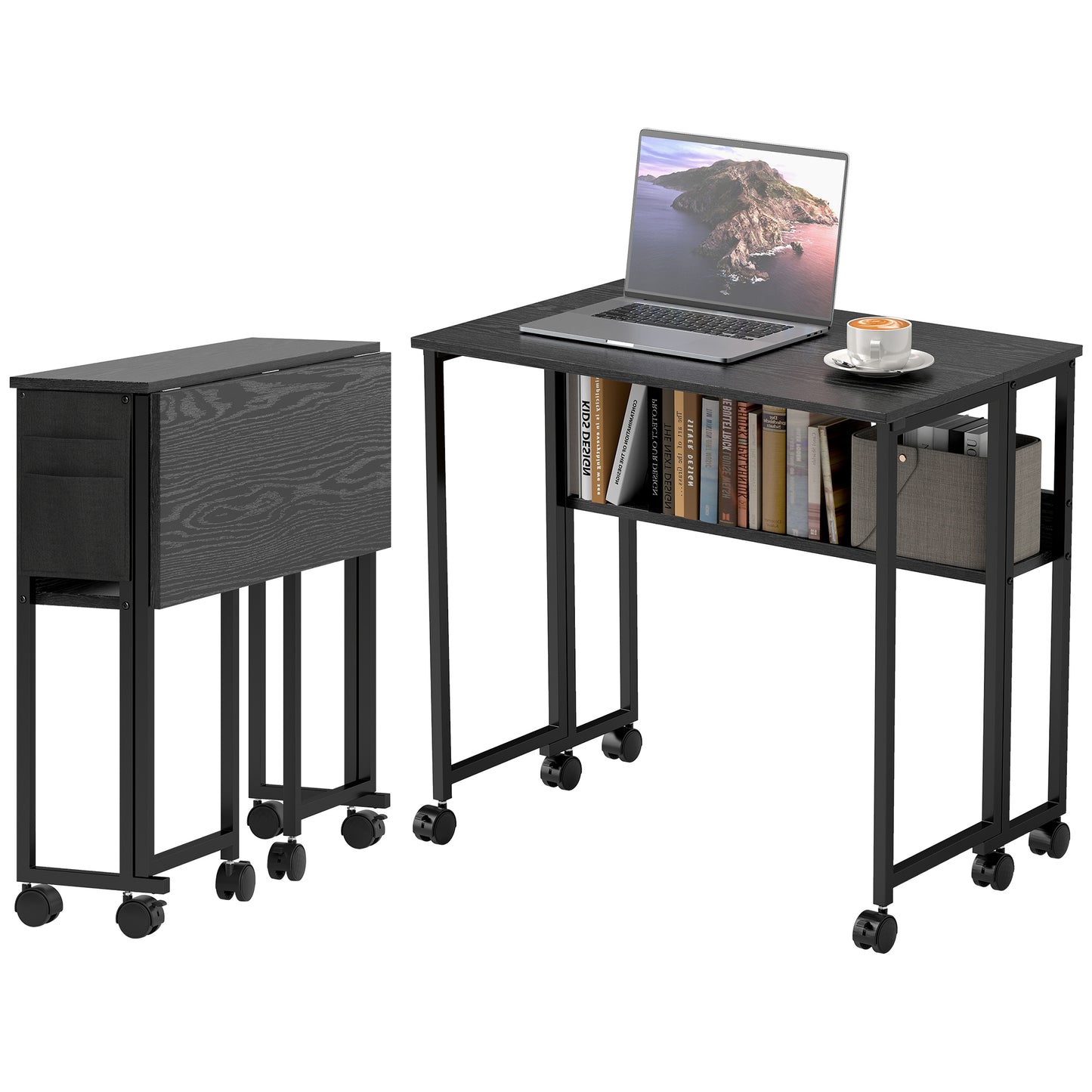 Folding Computer Desk with Storage Bag and Wheels - Black