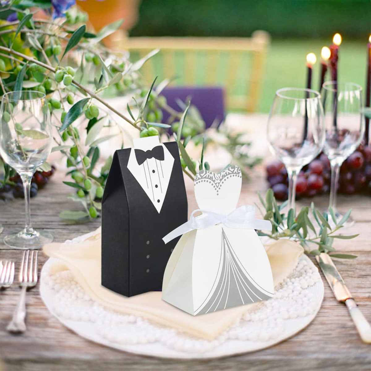 Wedding Tuxedo Gift Boxes with Ribbon - 100 Pcs Black & White