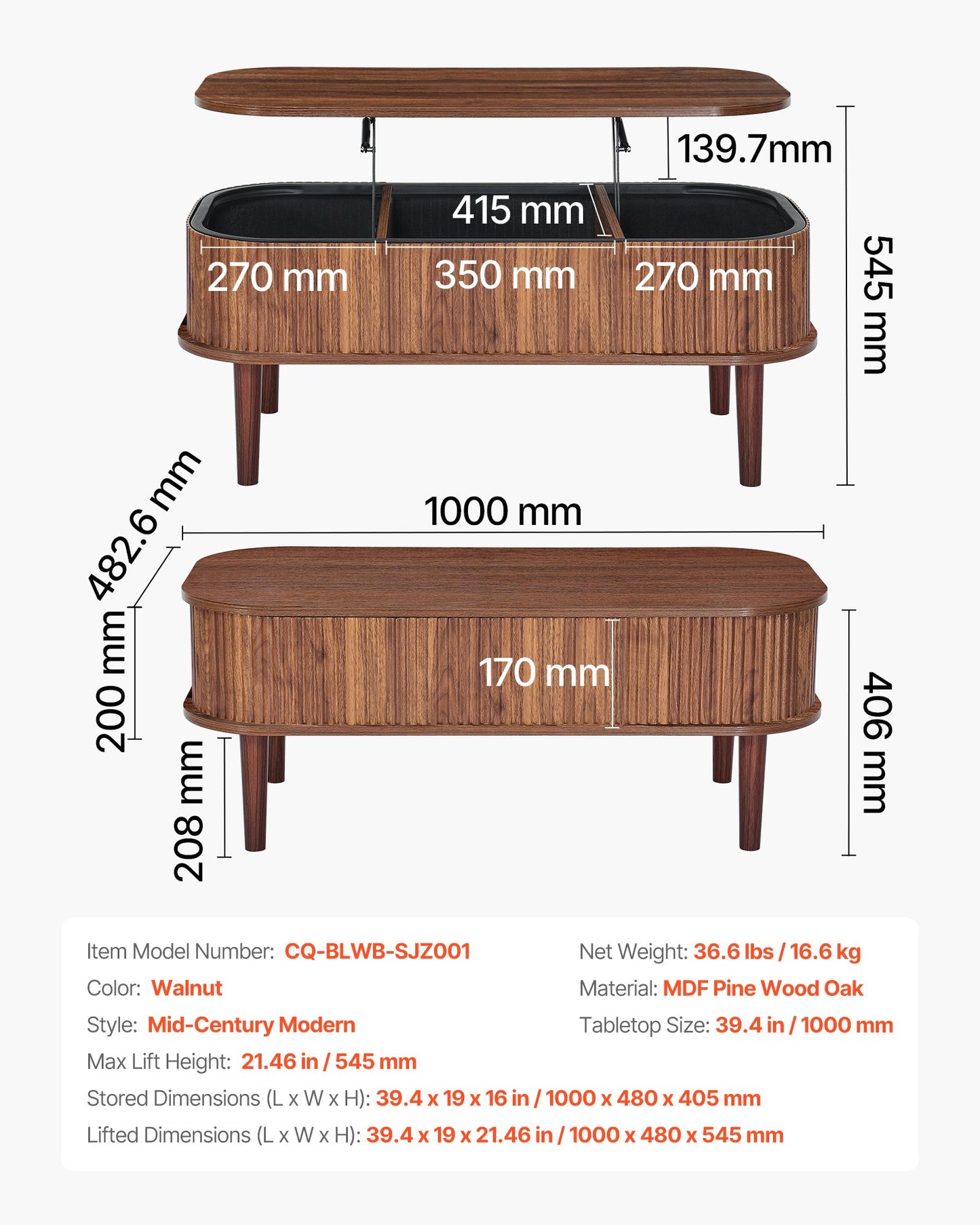 Lift Top Coffee Table with Hidden Storage - Mid-Century Wooden Oval Desk, Walnut Finish