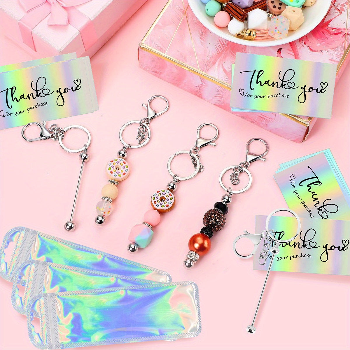 DIY Beaded Keychain Set - 60 Pieces with Thank You Cards