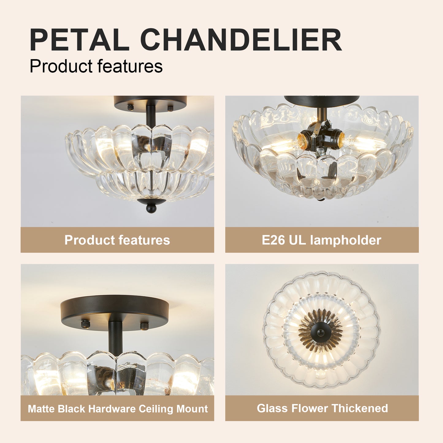 3-Bulb Semi Flush Mount Ceiling Light with Floral Glass Shades - Smoky Gray & Clear Variants
