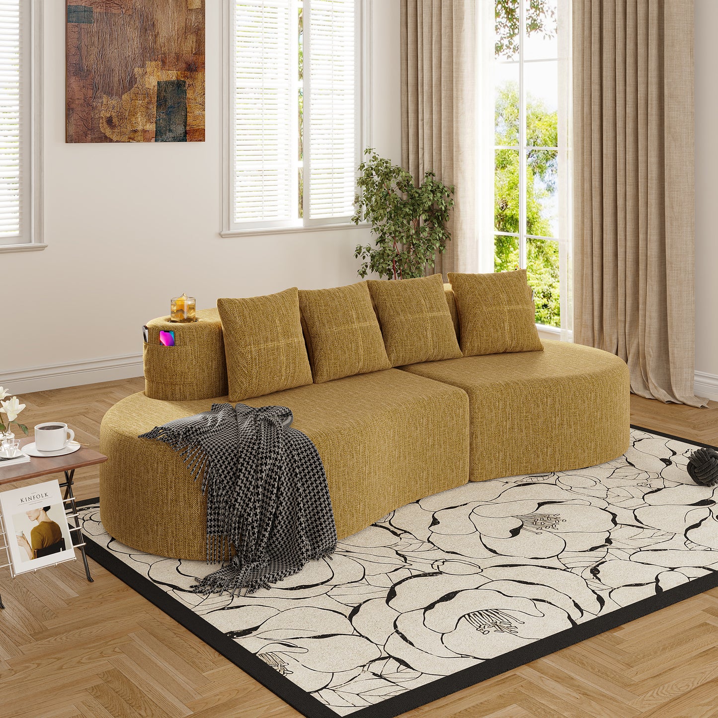 Modern Curved 3-Seat Sectional Sofa - Mustard Yellow