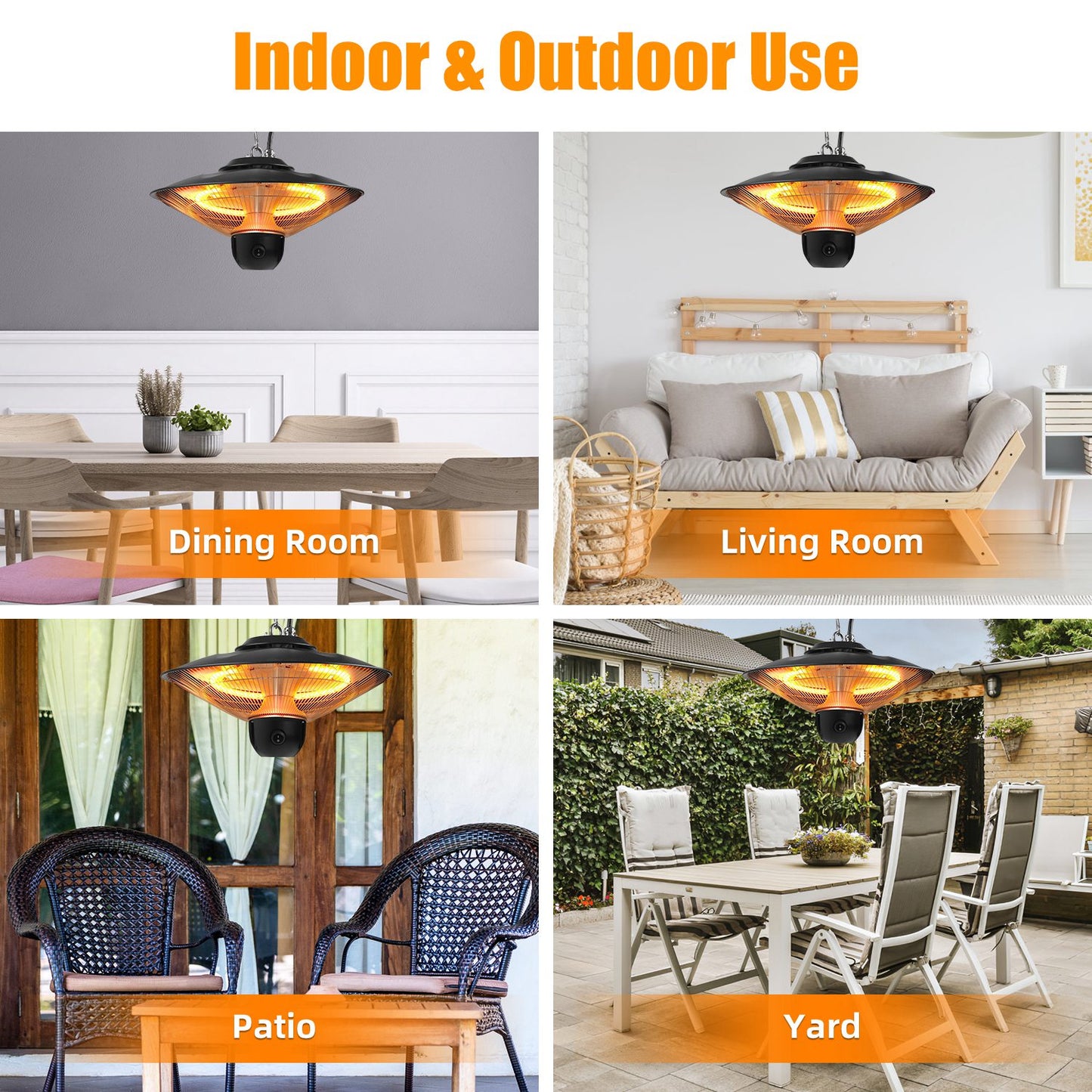 1500W Outdoor Ceiling Mount Patio Heater IP23 Waterproof with Remote & Timer - Black