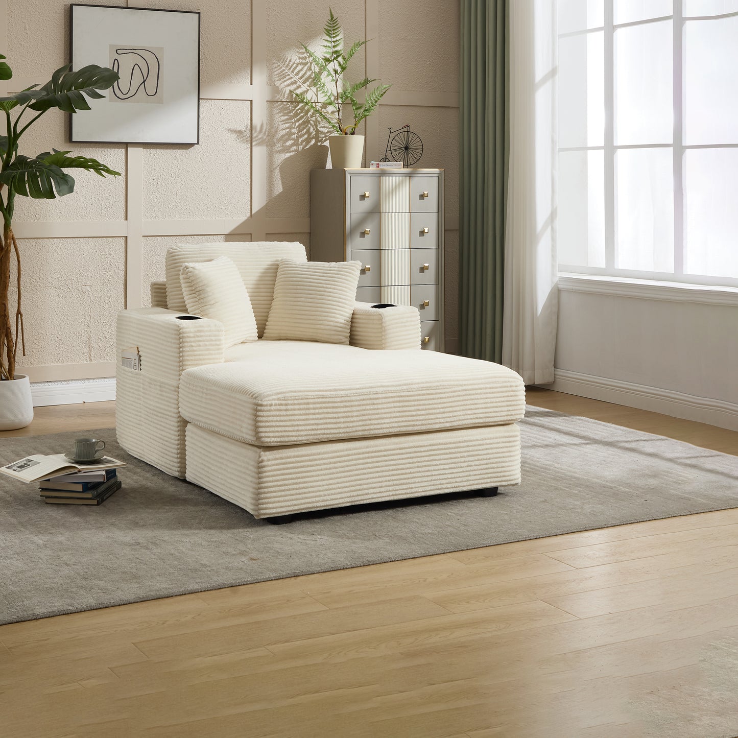 Beige Corduroy Chaise Lounge Sofa with Detachable Cushions