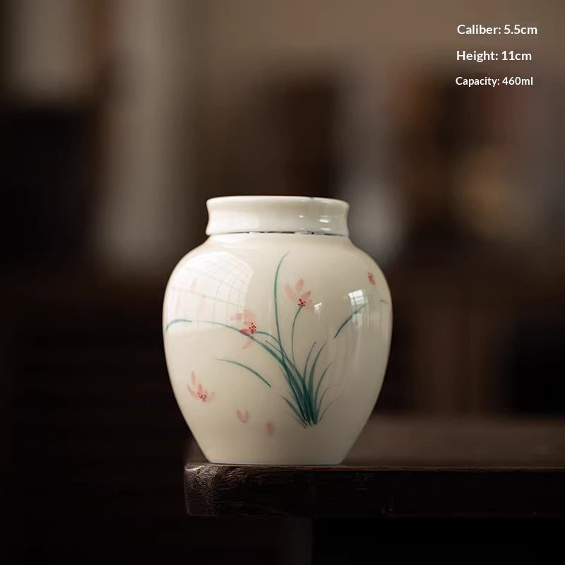 Hand-Painted Ceramic Tea Caddy with Airtight Seal - Chinese Style Household Storage