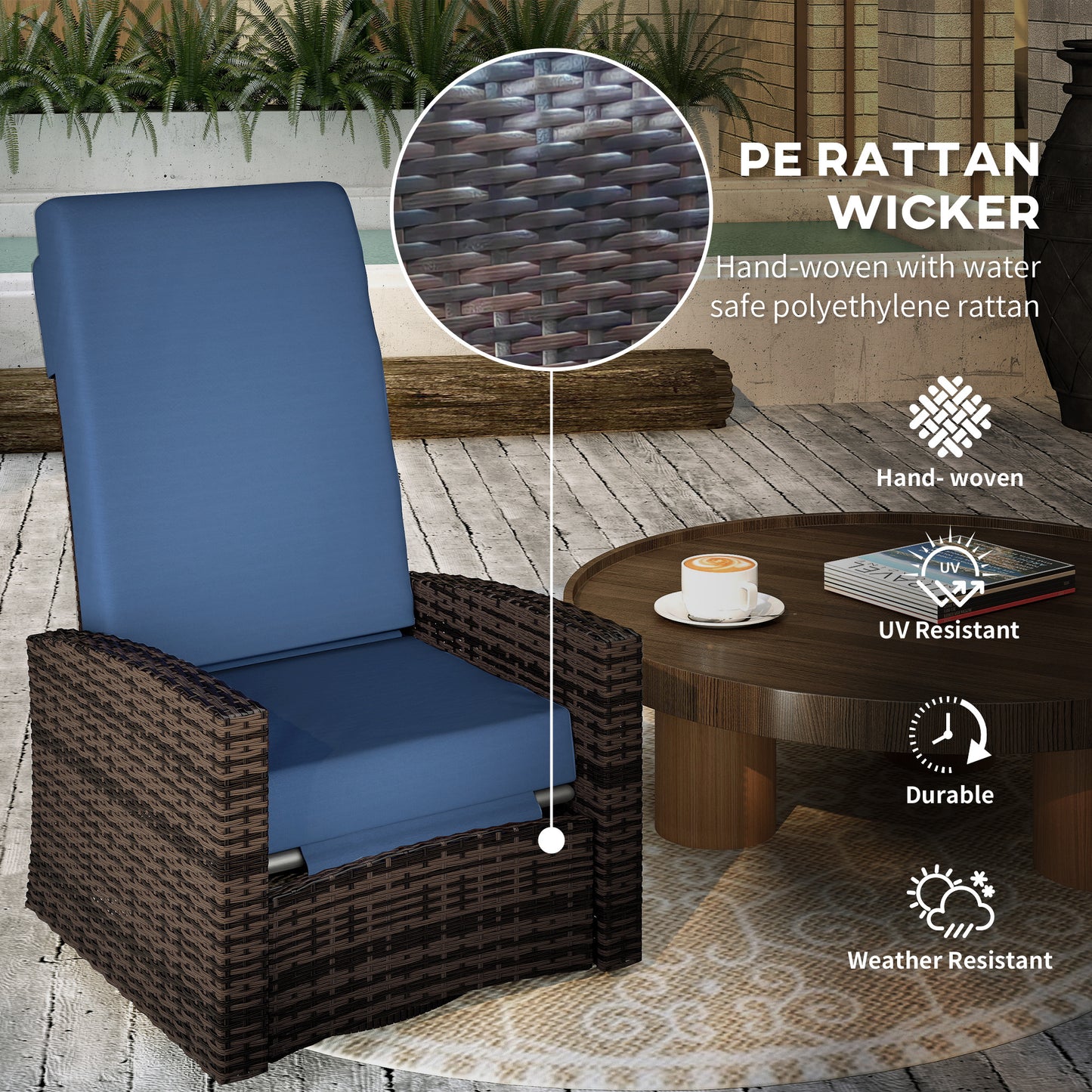 Outdoor Wicker Swivel Recliner Chair with Footrest - Dark Blue