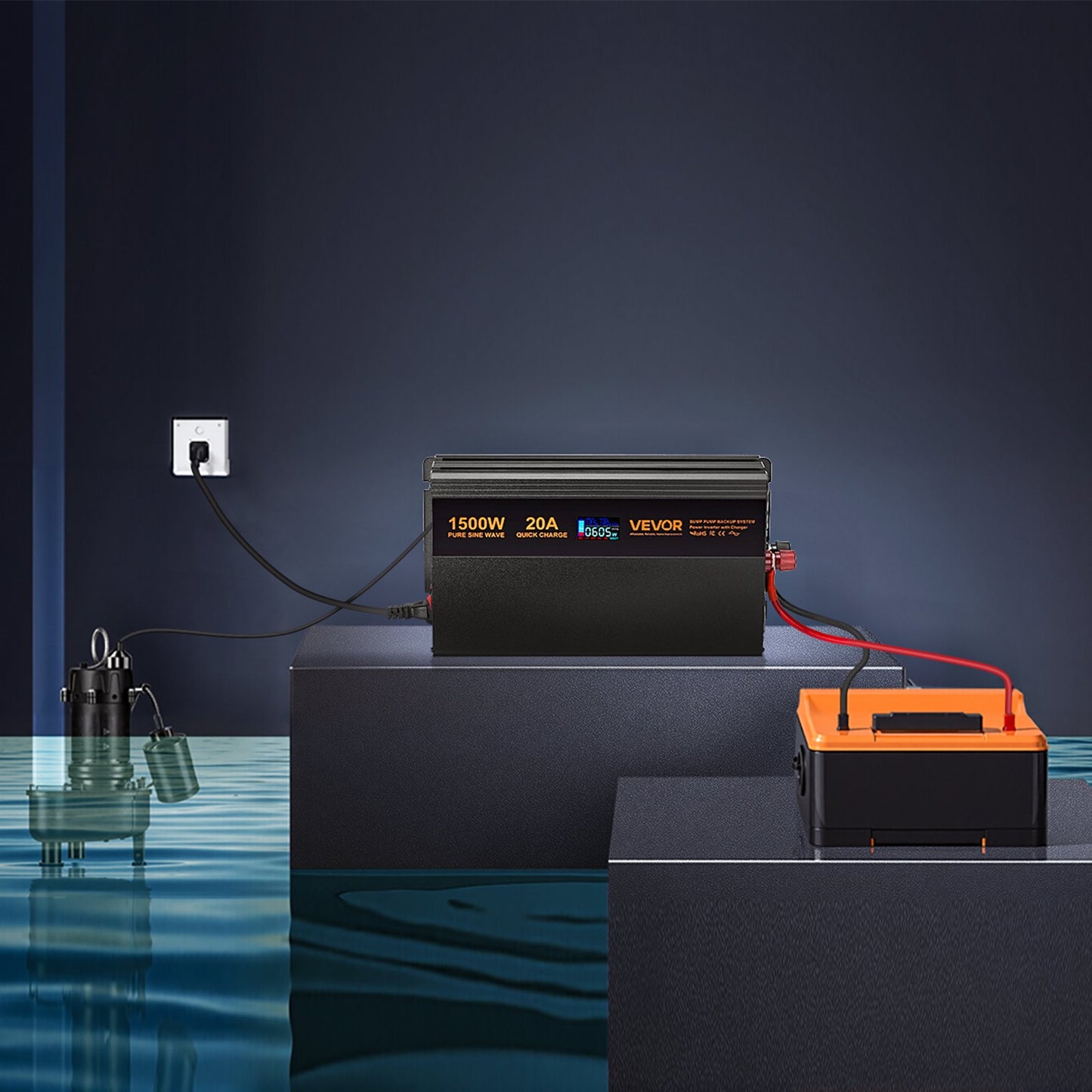 Battery Backup Sump Pump System 1500W LCD Auto Switch Inverter - Black