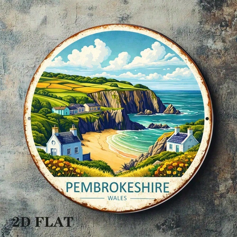 Vintage Cottage Landmark Round Wall Sign - Pembrokeshire Wales
