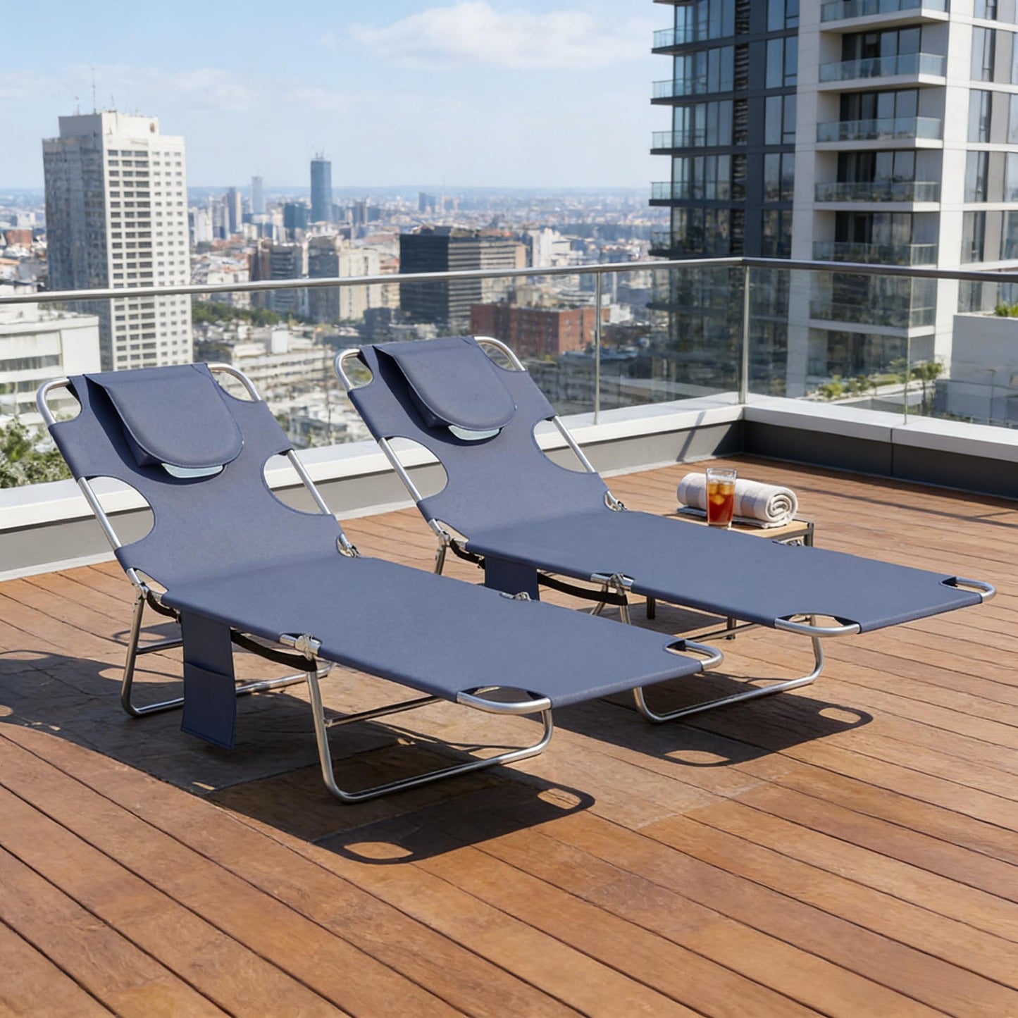 Adjustable Folding Tanning Chairs - Set of 2 Gray Loungers