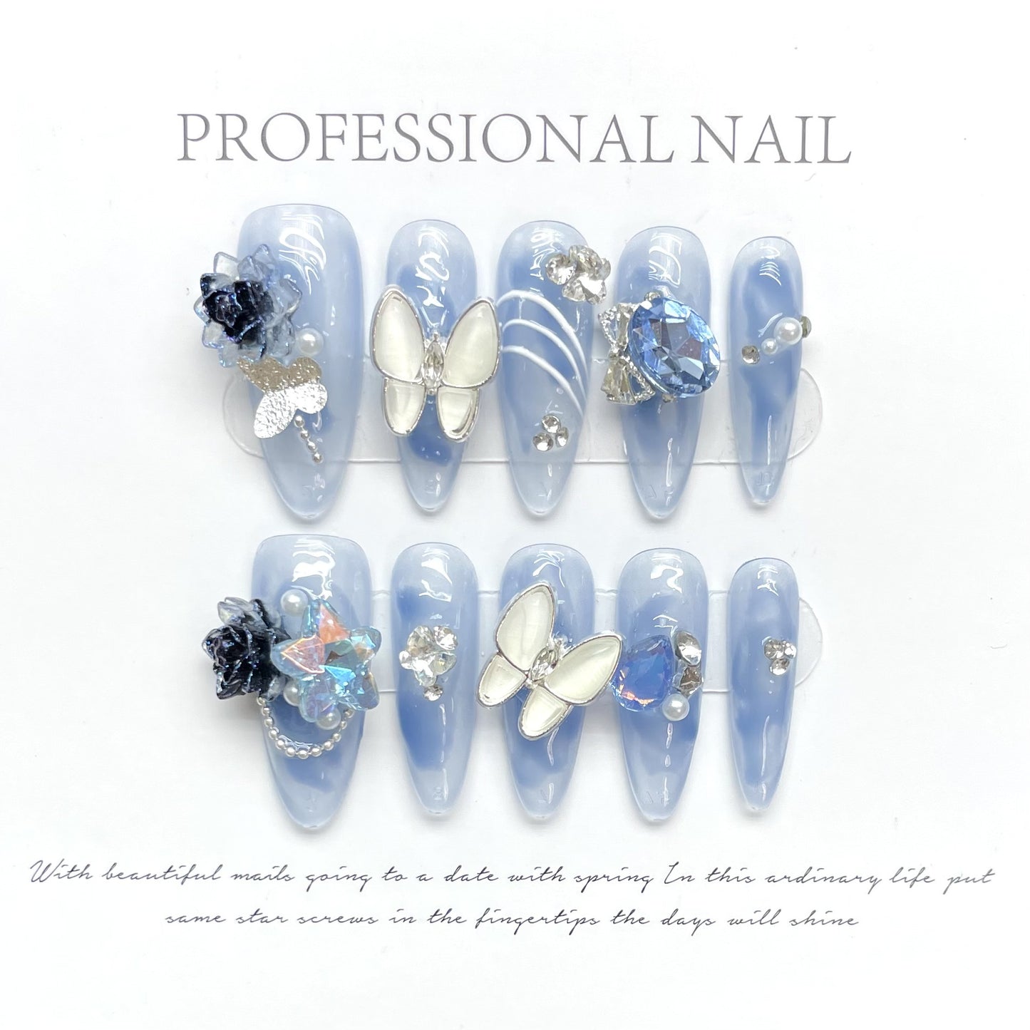 Narcissus Butterfly Rhinestone Nail Tips - Elegant Handcrafted False Nails Set