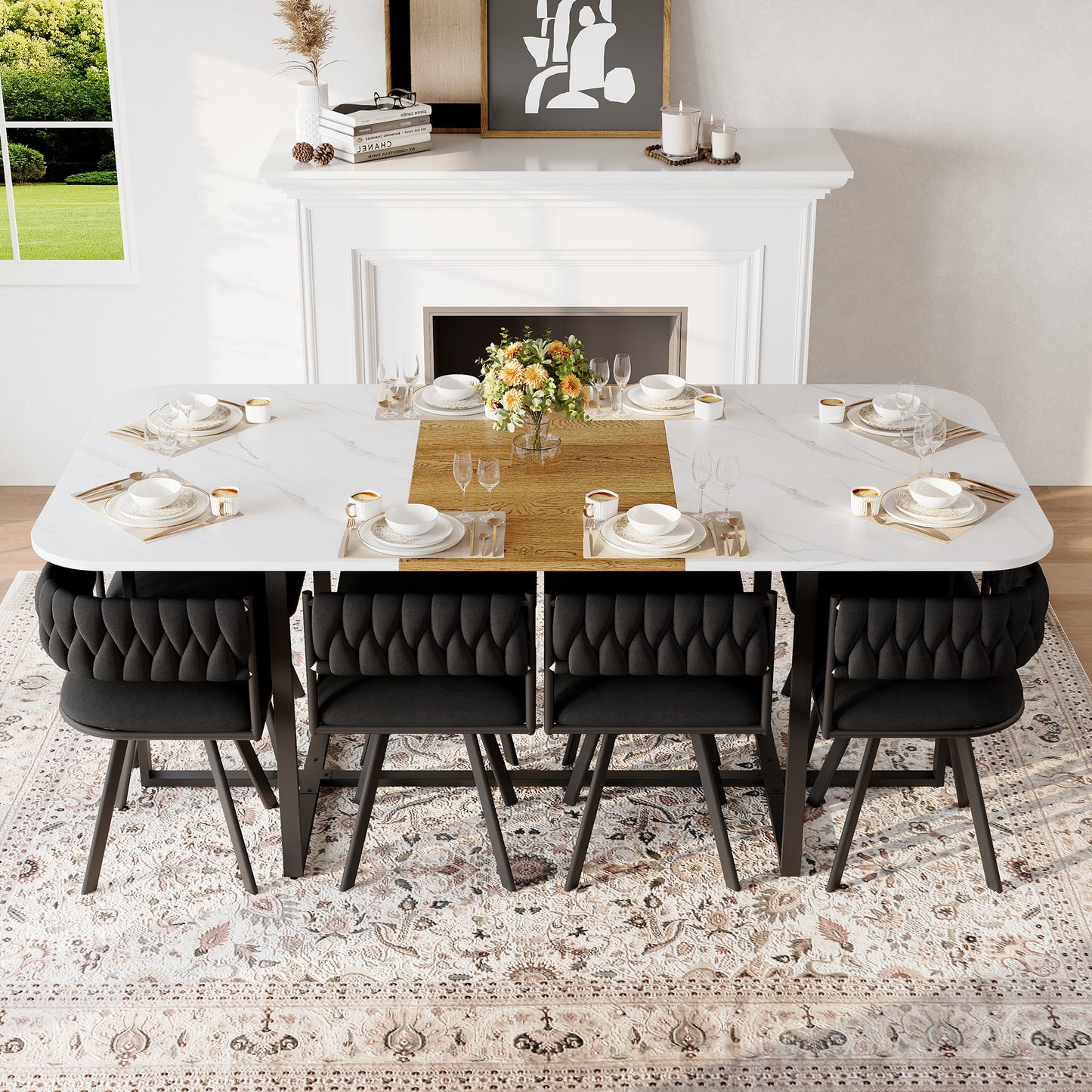9-Piece Square Dining Table Set, Fixed White Faux Marble & Wood Grain