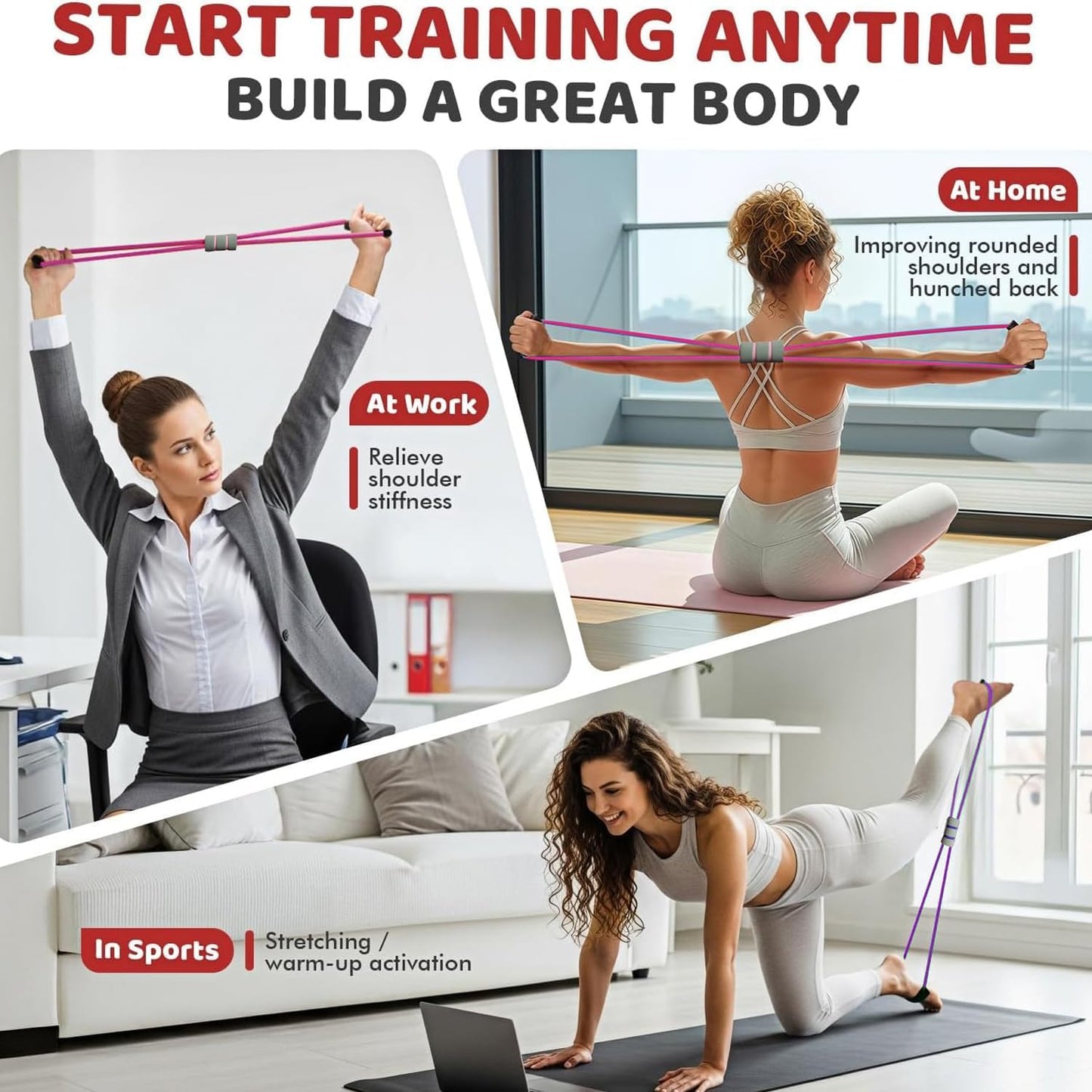 Multifunction Resistance Band - 4-Tube Elastic Pull Rope for Yoga & Strength Training - Pink