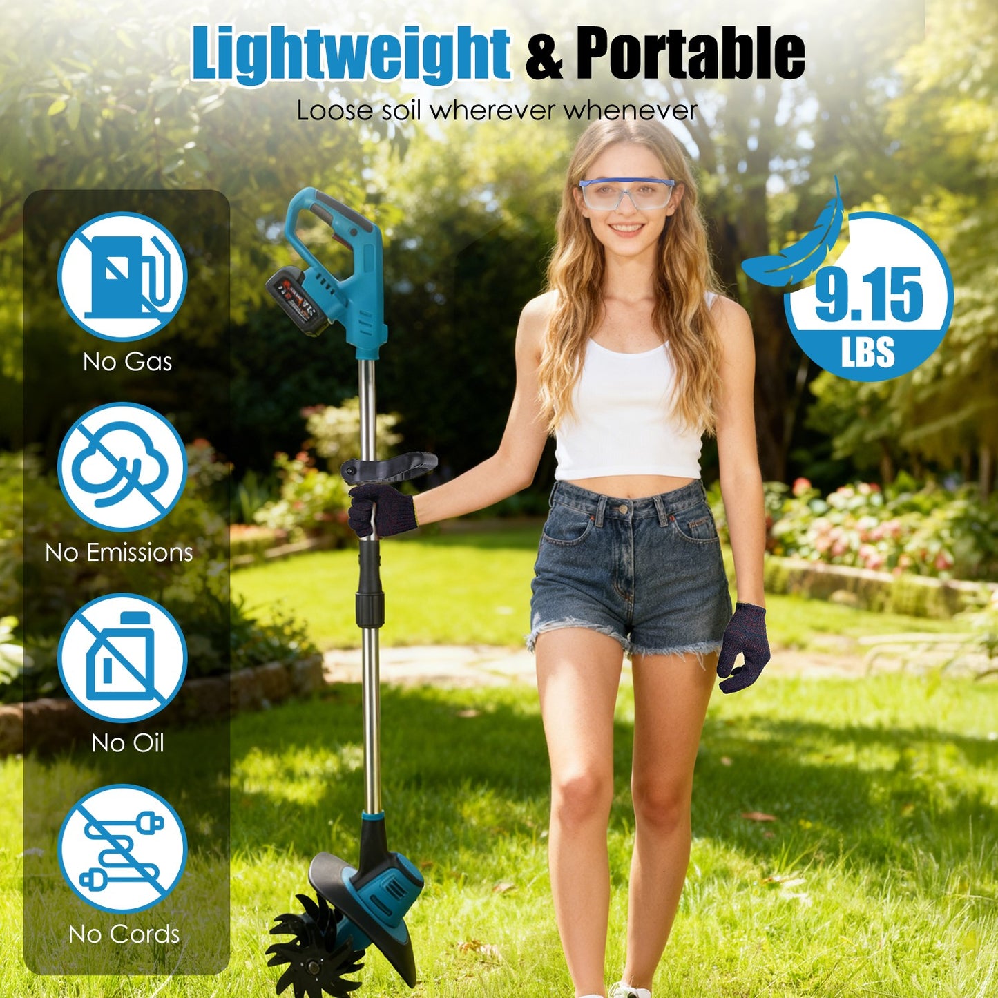 Cordless 800W Garden Tiller Cultivator with 3.0Ah Battery for Soil & Weeding