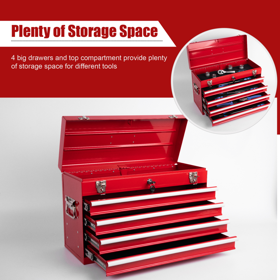 Heavy Duty Metal Tool Box 21-Inch with 4 Drawers, Locking & EVA Liners