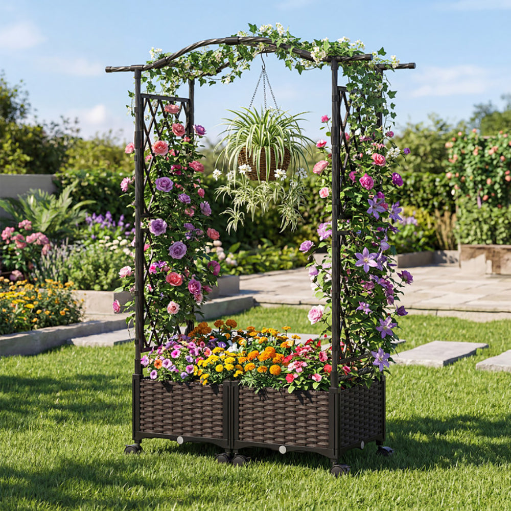 5 FT Self-Watering Planter Box with Trellis & Roof - Brown