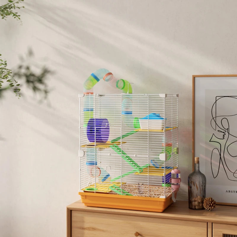 Portable 5-Tier Hamster Cage with Exercise Wheel and Tubes – Small Animal Habitat