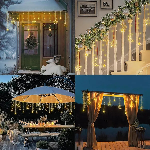 Solar Icicle Lights - Waterproof Moons Stars Curtain String with Remote