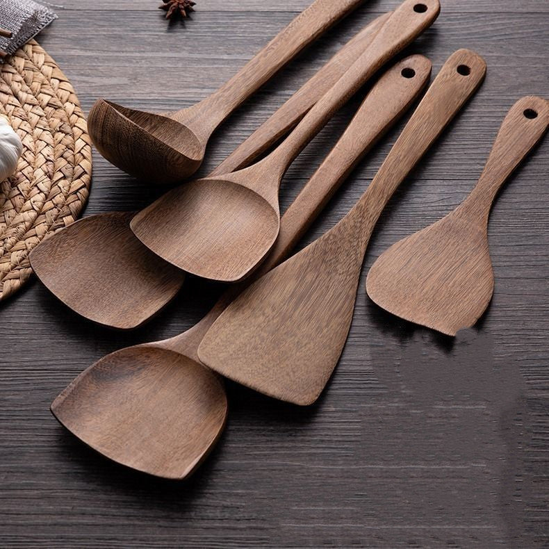 Long Handle Kitchen Spatula for Non-Stick Pans - Wooden Cooking Utensil Set