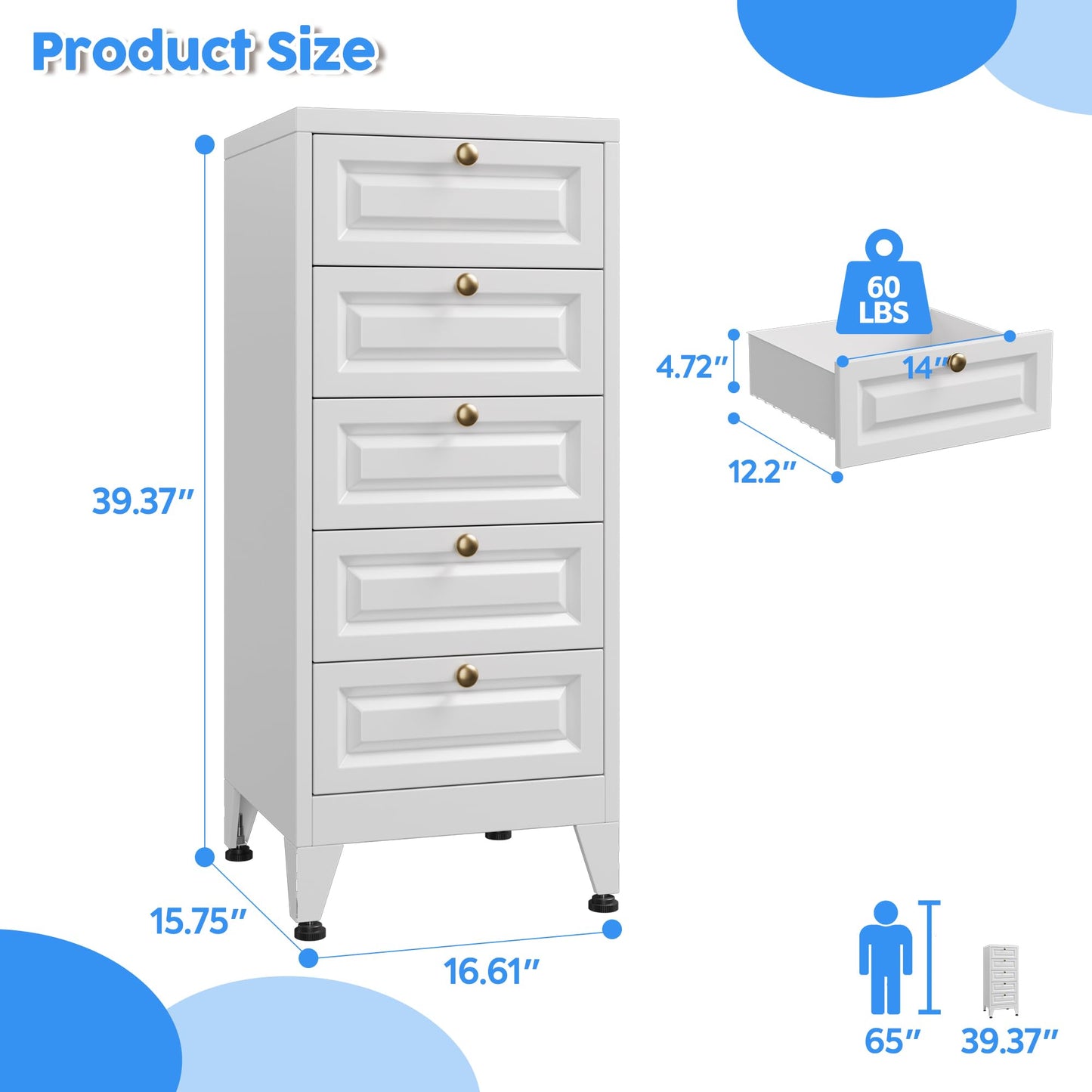 Metal Bathroom Storage Cabinet with 5 Drawers - White