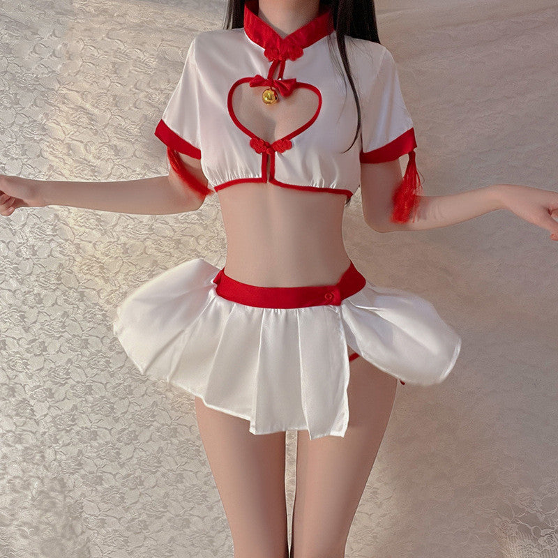 Sexy Cheongsam Suit for Role Playing Satin Hollow Out Lingerie Set