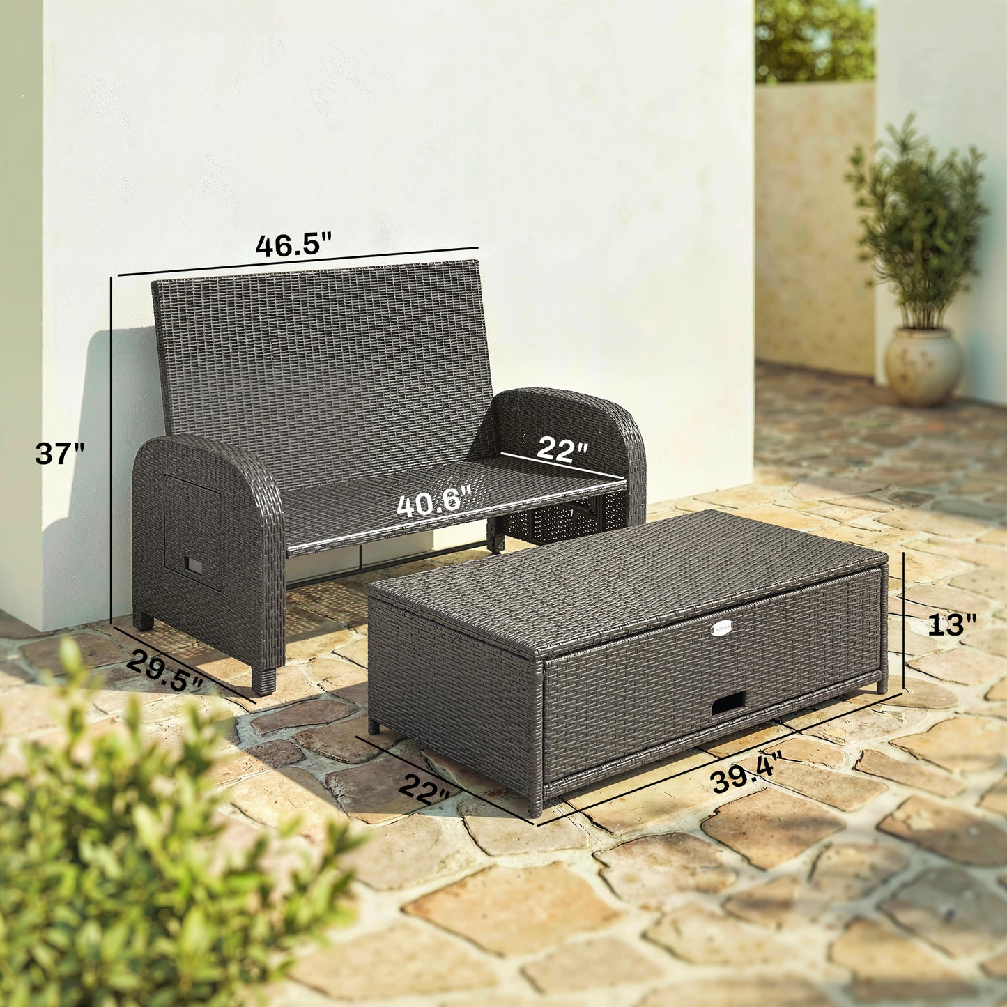 Outdoor Daybed with Storage Ottoman, Adjustable Loveseat - Gray