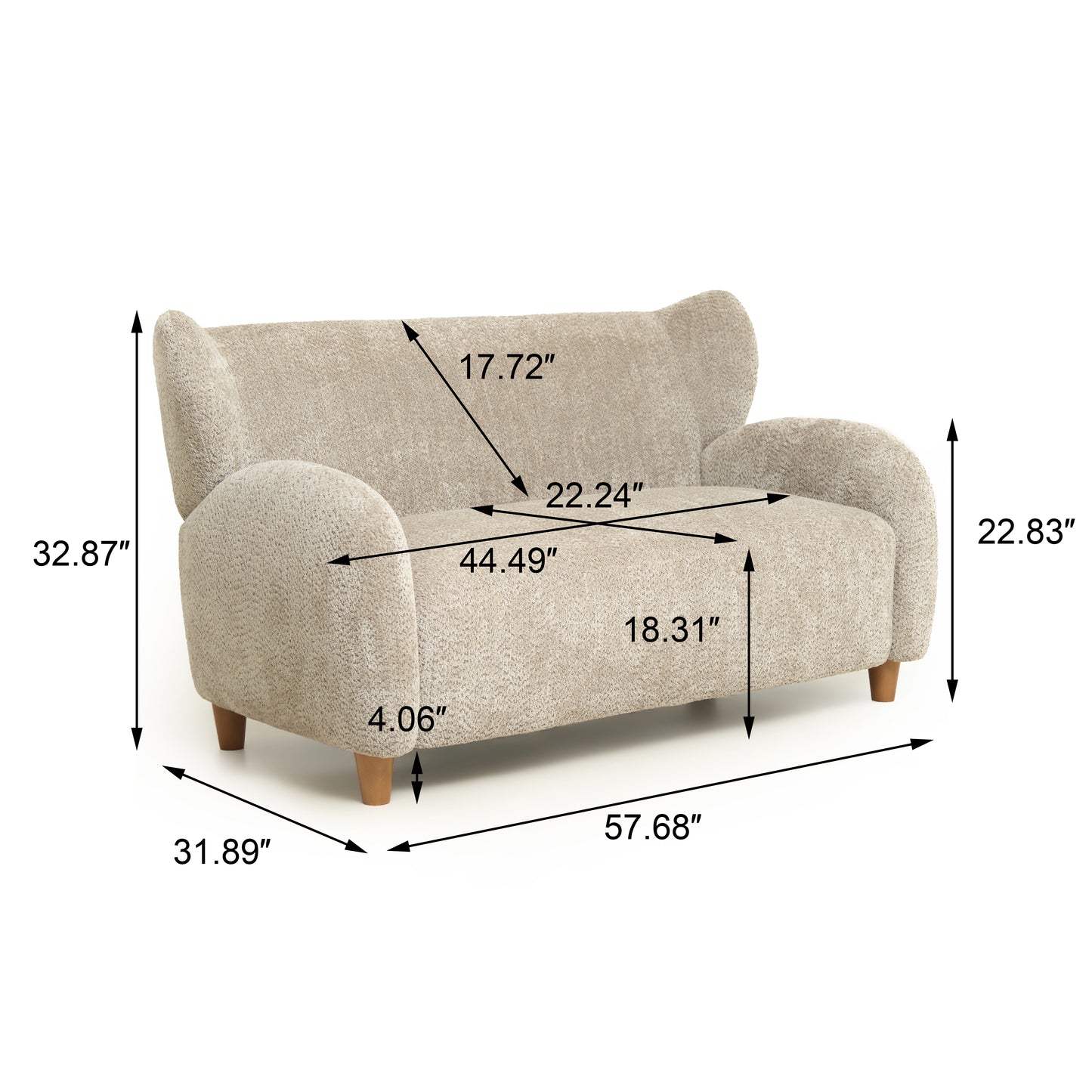 58-Inch Nordic Chenille Sofa Chair with Curved Backrest - Camel