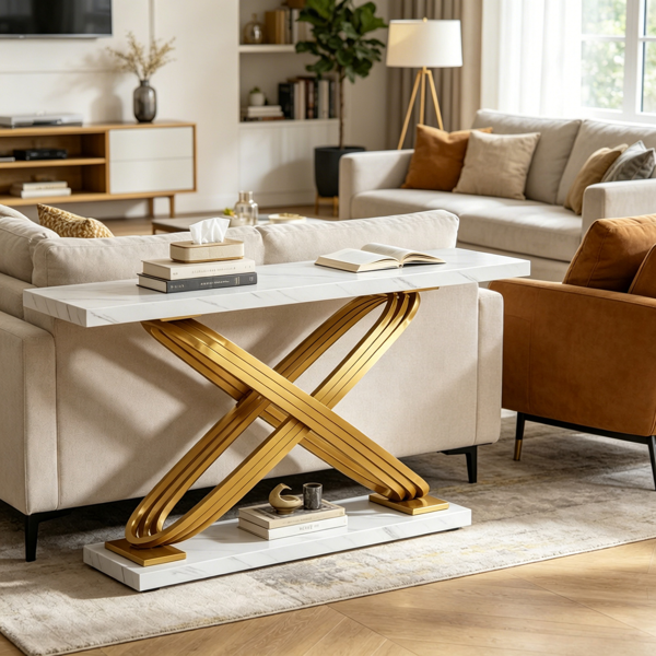 Luxury Console Table with White Faux Marble Top & Gold Metal Frame