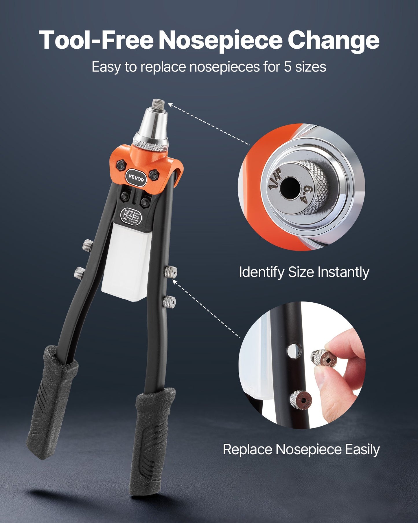 Manual Rivet Gun Kit with 230 Blind Rivets, Interchangeable Nosepieces & Carrying Case