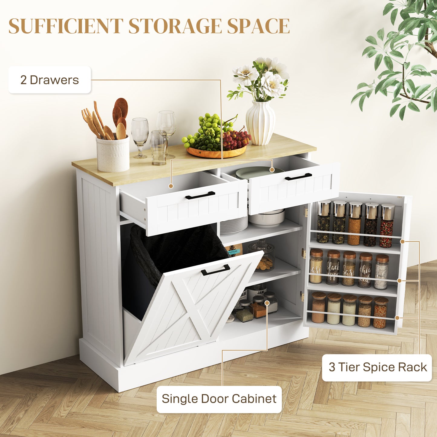 Farmhouse Kitchen Cabinet with Hidden Trash Can & 2 Drawers - White