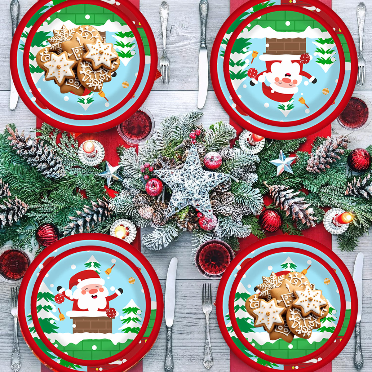 Christmas Paper Plates and Cups Set for 10 Guests - Santa & Elk
