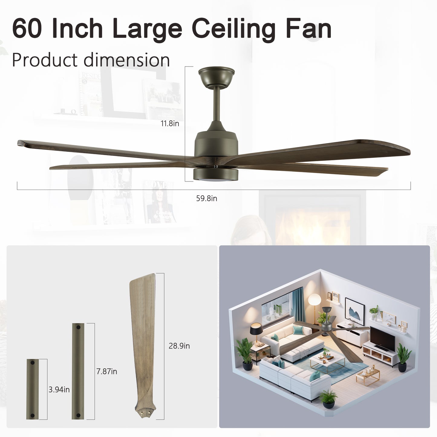 60-Inch Modern Wood Ceiling Fan with Light & Remote Control