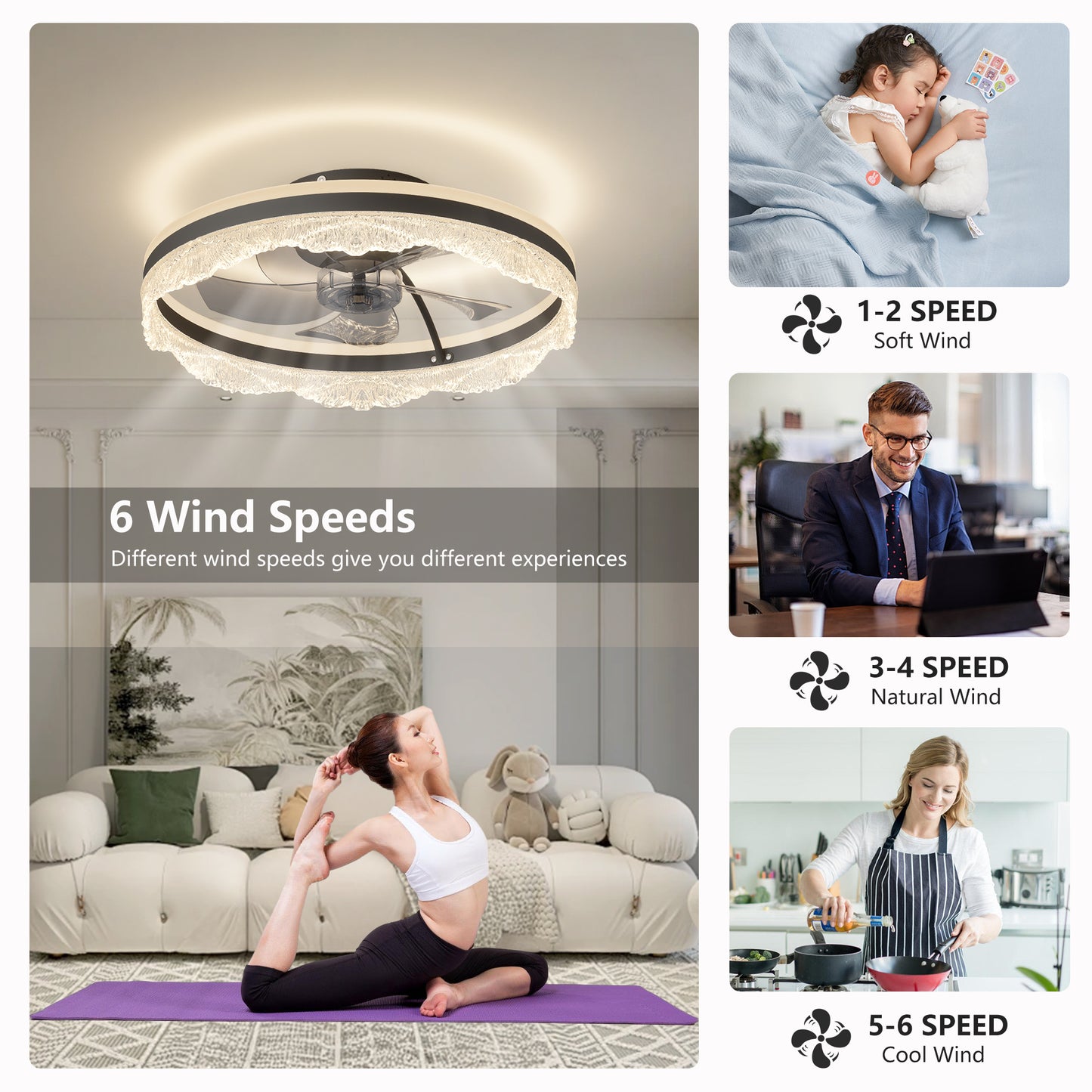 Smart Silent Ceiling Fan with Crystal LED Light - Flush Mount