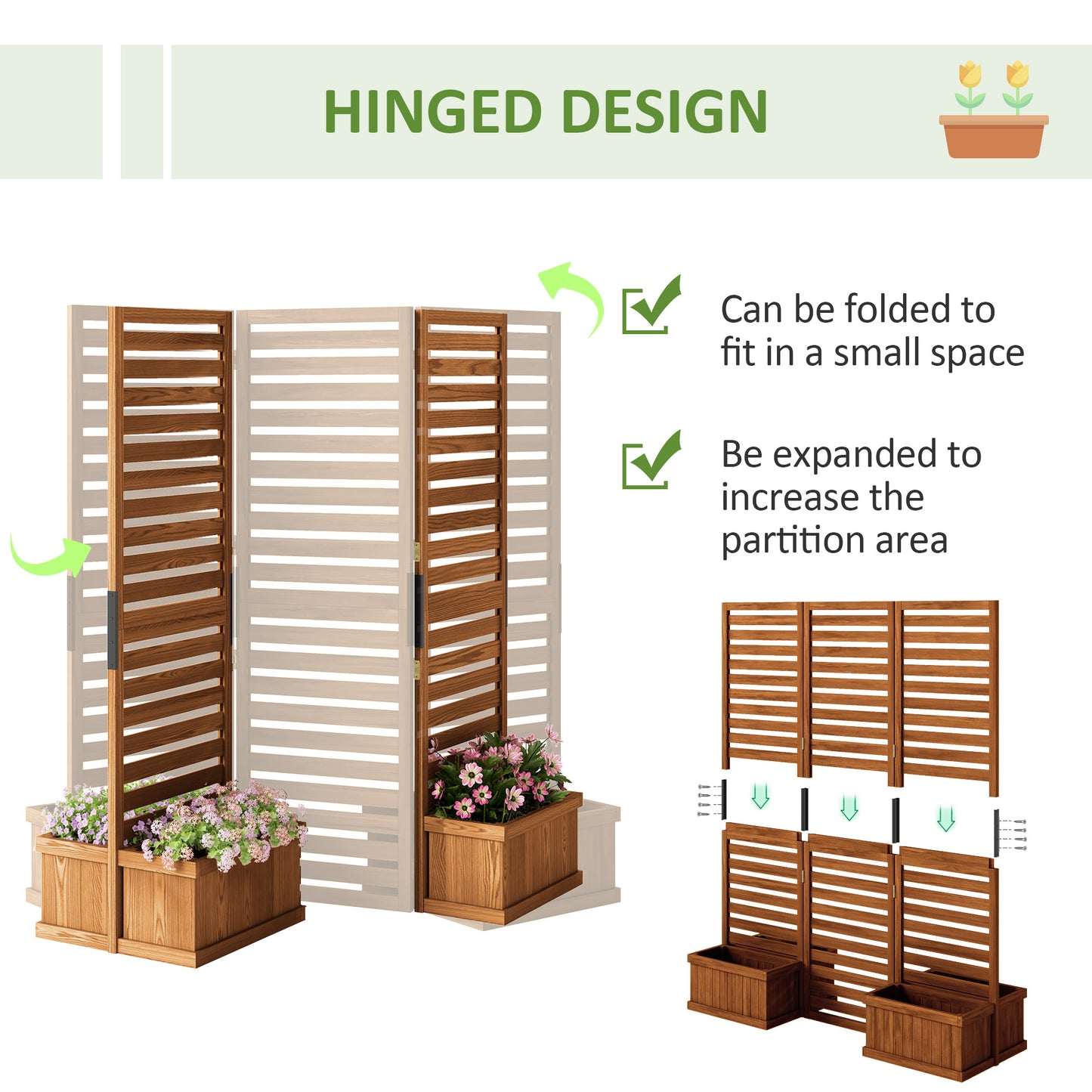 Wooden Garden Trellis with 4 Planter Boxes - Natural 62.5 x 19 x 66 Inches