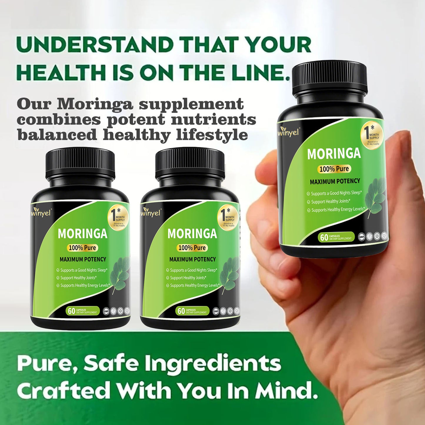 Pure Moringa Leaf Capsules - High Potency Nutrient-Dense Supplement - 60 Count